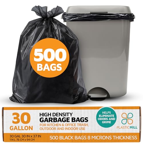 PlasticMill High Density Trash Bags - Black Garbage Bags - Plastic Trash Bags - Laundry, Bathroom, Office Garbage Bags, Trash Can Liners - 20-30 Gallon, 8 Microns, 30"x37" (500-Count) - size: 1 Count (Pack of 500)