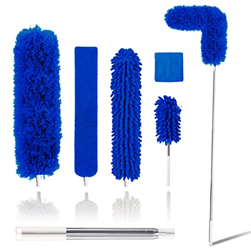 Upgraded Dusters for Cleaning (6pcs), Ceiling Fan Duster with 100" Thickened Extension Pole, Extendable Long Microfiber Duster for High Ceilings, Reusable & Washable Dusting Wand by OOSOFITT Blue - color: Blue