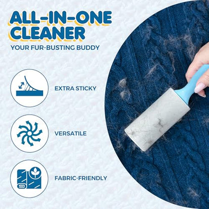 SunGrow Pet Lint Rollers for Dogs and Cats, Extra Sticky Adhesive, 2 Portable Fur/Hair Animal Hair Lifter for Clothes, Furniture, Carpet, Easy to Tear Dust Cleaner Brush, Blue Handle, 8” x 2”