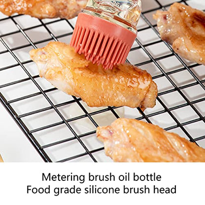 2pcs Oil Container with Silicone Brush Oil Dispenser Bottle for Kitchen Grilling Baking Cooking (Red) - color: Red