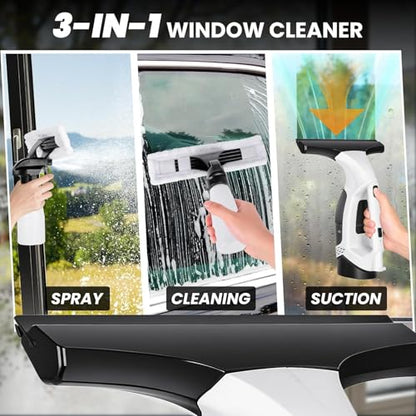 Window Vacuum Squeegee Electric Window Cleaner Window Cleaning Tool with 150ml Dirty Water Tank, Extension Handle for Shower Glass, Window Cleaning Car Windows Tiles Mirrors Glass