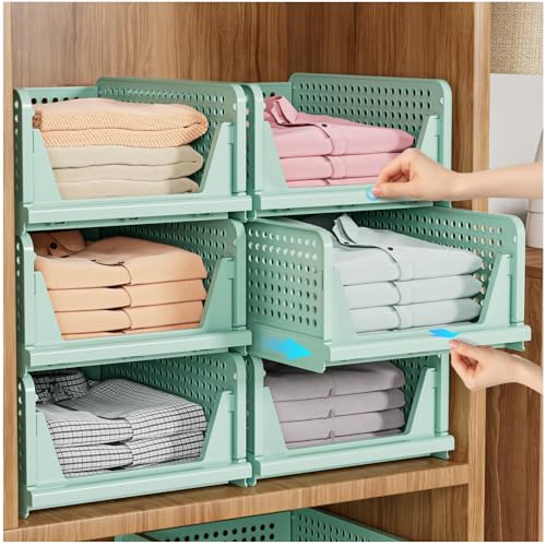 SNSLXH 5 Pack Stackable Closet Organizer Box, Multifunctional & Foldable Closet Storage Basket for Bathroom Kitchen Laundry Room Wardrobe Storage, Space-Saving Clothes Storage Drawer Organizer, Green - color: Green, size: 5 Pack