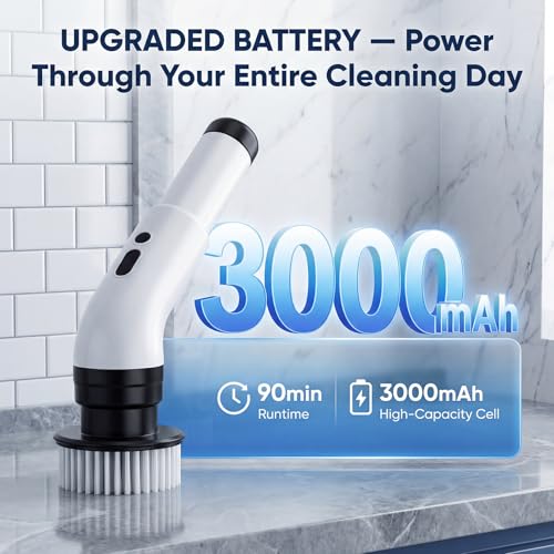 Electric Spin Scrubber, Cordless Power Scrubber for Bathroom/Shower/Tub/Tile & Grout, 9 Brush Heads, Dual-Speed, Adjustable Extension Handle, IPX7 Waterproof, USB-C Rechargeable Cleaning Tool (White)