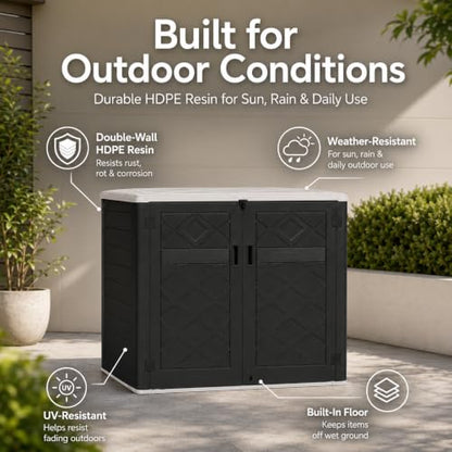 ADDOK 38 Cu.Ft Outdoor Storage Shed with Floor,Large Waterproof Resin Storage Cabinet with Lift-Up Lid,Double Doors and Lockable Design for Lawn Mower,Garden Tools, Patio,Backyard and Pool Supplies - size: Black 38 Cu.Ft