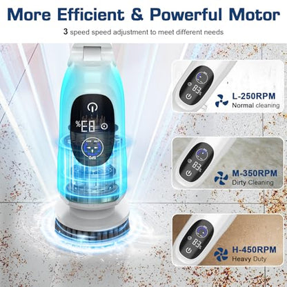 Electric Spin Scrubber, 200Mins Runtime Bathroom Scrubber with 3-Speed & LCD Display, Full-Body IPX7 Shower Scrubber with 8 Heads for Bathtub Kitchen Floor Grout, 53IN Extendable Handle