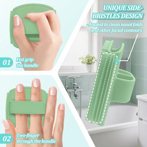 Silicone Back & Face Scrubber & Bath Glove Set 3PCS, 13.4'' Gentle Back Scrubber with Dual-Side Head, 360° Anti-Slip Bath Glove, Unique Side-bristled Face Scrubber for All-round Cleaning(Green) - color: Green*3