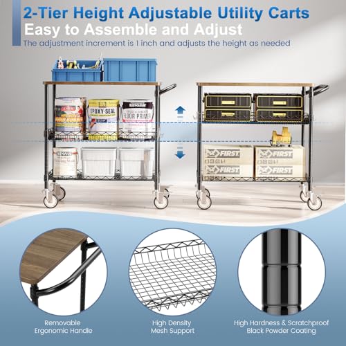 Leteuke Rolling Kitchen Carts with Wheels, 34" L x 17.5" W, 3-Tier Heavy Duty Utility Cart with Wood Tabletop, NSF Commercial Metal Serving Cart with Handle and Shelf Liner for Kitchen, Black - color: Wood-black