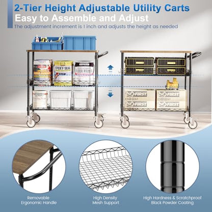 Leteuke Rolling Kitchen Carts with Wheels, 34" L x 17.5" W, 3-Tier Heavy Duty Utility Cart with Wood Tabletop, NSF Commercial Metal Serving Cart with Handle and Shelf Liner for Kitchen, Black - color: Wood-black