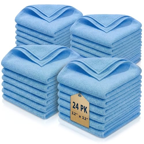 Cleaning Towel Washcloth, 12' x 12" All-Purpose Microfiber Rags - Ultra Soft Washcloths Reusable Shop Towels for Kitchen Bath Car Detailng (Sky Blue, 12"X12" 24-Pack) - color: Sky Blue