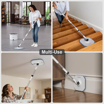 HoMettler Mop and Bucket Set, Spin Mop and Detachable Inner Mop Bucket with Separate Dirty/Clean Water System, Self-Wringing Square Mops for Floor/Wall Cleaning with 6 Microfiber Pads - size: Mop and Bucket System with 6 Pads