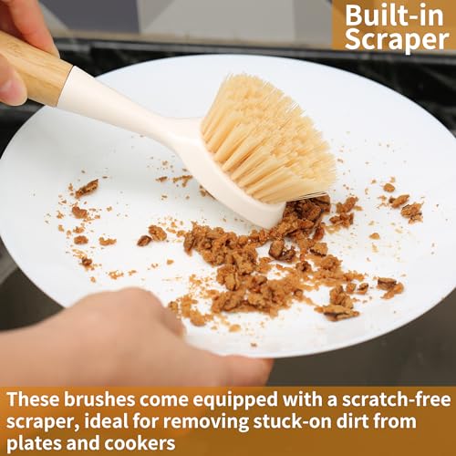 2 Pack Kitchen Dish Brush Bamboo Handle Dish Scrubber Built-in Scraper, Scrub Brush for Pans, Pots, Kitchen Sink Cleaning, Dishwashing and Cleaning Brushes are Perfect Cleaning Tools, White - style: White