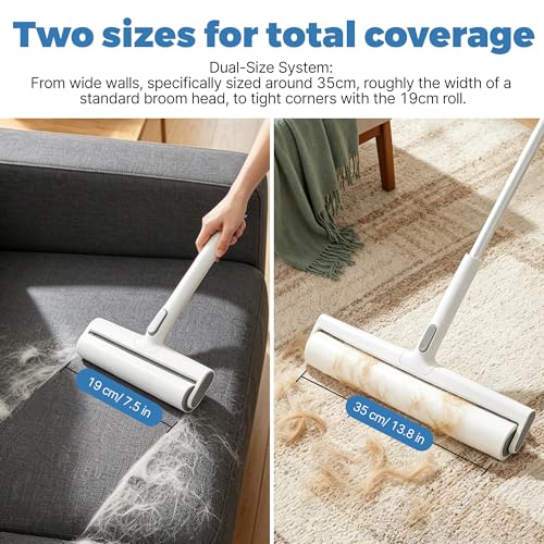 13.8" Large Lint Rollers/7.5" Small Lint Rollers for Pet Hair Extra Sticky,Large Roller with Long Handle for Cleaning Carpets, Clothing,Floors,Couch, Furniture Wall Cleaner Mop Dust Remover (White) - color: White