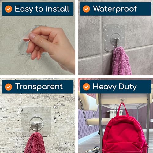 GLUIT Adhesive Wall Hooks for Hanging Heavy Duty 22 lbs Hooks for Walls No Drill, Towel Sticky Clear Hooks, Waterproof, Home, Bathroom, Kitchen, Office, and Outdoor 20 Pack - size: Medium, 20 pcs