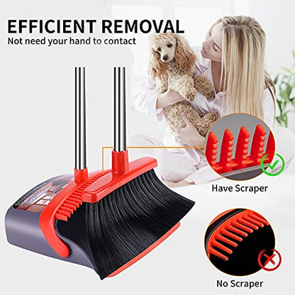 Broom with Dustpan Combo Set Broom and Dustpan Set Dust Pan with Stainless Steel Long Handle, Brooms with 5-Layer Soft Bristles for Sweeping Office Kitchen Home Pet Hair Lobby - color: Purple&red