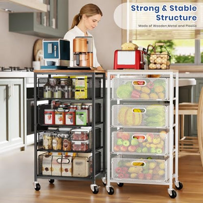 Goovilla Kitchen Cart with Drawers, 4 Tier Metal Rolling Utility Cart Organizer on Lockable Wheels with Wooden Top, White Fruit Vegetable Storage Rack Also for Cans, Snack, Craft, Art, Office, Beauty - size: White