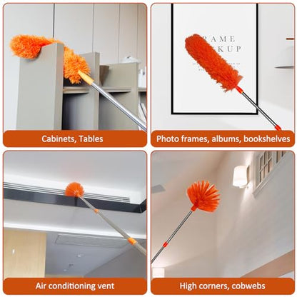 20 Feet High Reach Duster Kit with 2-14 ft Extension Pole, Cobweb & Corner Brush Cleaning Duster Kit for Cleaning, Microfiber Feather Duster Cleaner with Washable Head for Ceiling Fan, Furniture, Home