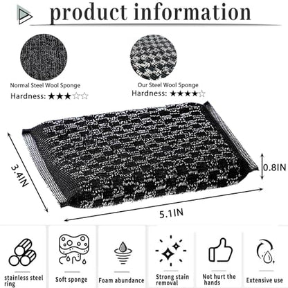 Steel Wool Scrubbers Dish Sponges Kitchen Scrubbing Pads Pot Scrubber for Kitchen Non Scratch, Soft and Fast Cleaning Scrubber (Black)