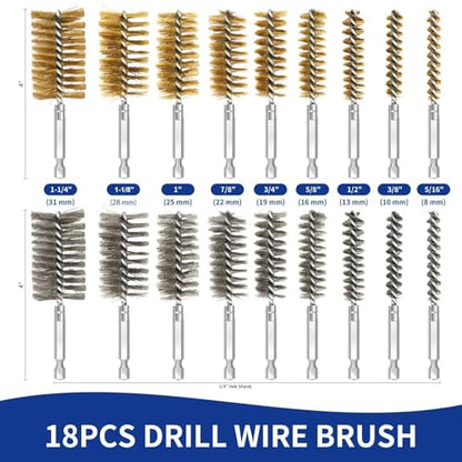 18Pcs Bore Brush for Drill,Stainless Steel Wire Wire Brush Drill Attachments with 1/4" Hex Shank for Cleaning Rust Engine Pipe Metal