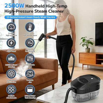 Pressurized Handheld Steam Cleaner 2500W, 54oz Large-Capacity Steamer with 3-Level Adjustable Steam, 15s Heat-Up & 15Pcs Accessories – for Car, Tile, Grout, Couch, Floor, Bed, Dirt, Furniture - color: Black