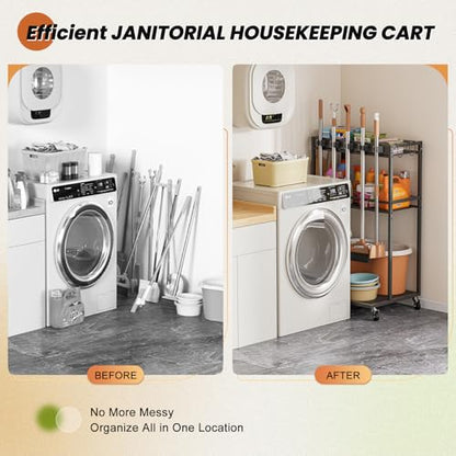 Broom Holder with Cleaning Supplies Organizer, Broom Closet Storage Cabinet with Mop Hanger Gripper Rack Hooks, Cleaning Housekeeping Janitorial Cart with Cleaning Caddy, Laundry Room Organization - size: Regular