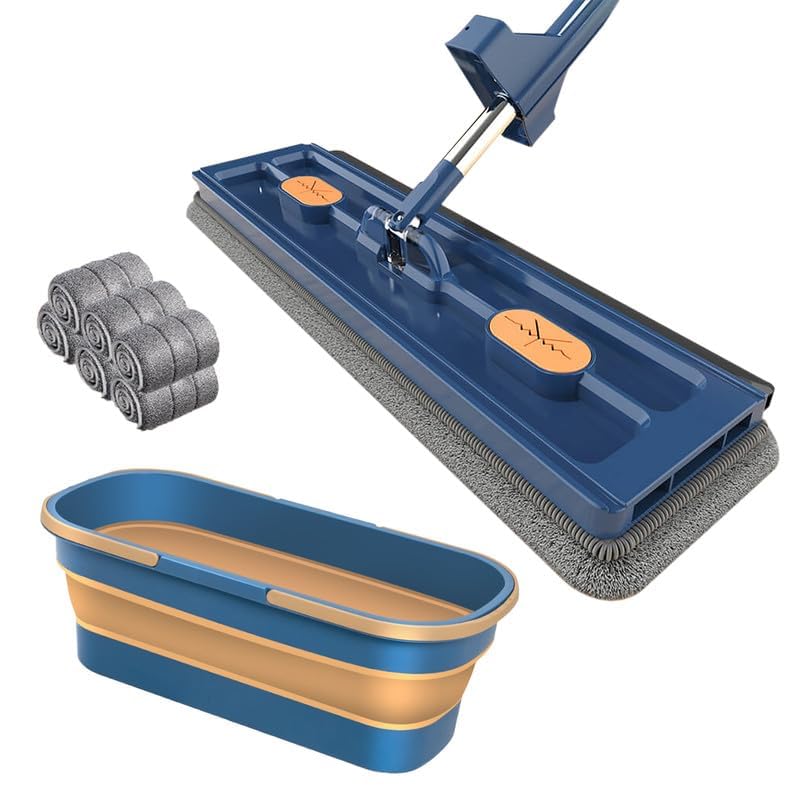 Microfiber Mop, Mop and Bucket with Wringer Set, 54" Adjustable Stainless Steel Long Handle with 6 Washable Microfiber Pads, 360 Rotating Dust Mop with Dewatering Scraper - color: Blue Mop+bucket, With 6 Mop Pads