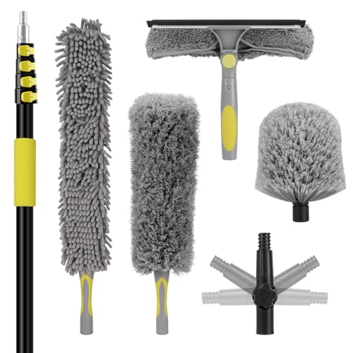 26FT High Ceiling Duster Kits with 5-20 Ft Extension Pole, Fan Blade Cleaner, Cobweb Duster, Window Squeegee Kit, Spider Web Brush for High Window, Interior Roof - size: 20FT