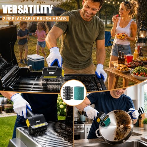 Upgraded Electric Grill Brush, High Torque 2-in-1 Kit Power BBQ Cleaning Brush Cordless Rechargeable 120Mins Runtime Grill Cleaner, Splash-Proof Scrubber for Porcelain Cast Iron Stainless Steel