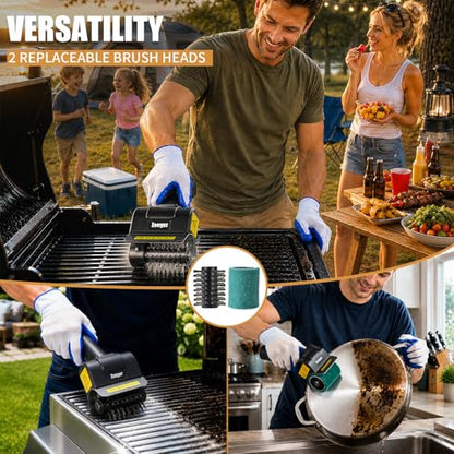 Upgraded Electric Grill Brush, High Torque 2-in-1 Kit Power BBQ Cleaning Brush Cordless Rechargeable 120Mins Runtime Grill Cleaner, Splash-Proof Scrubber for Porcelain Cast Iron Stainless Steel