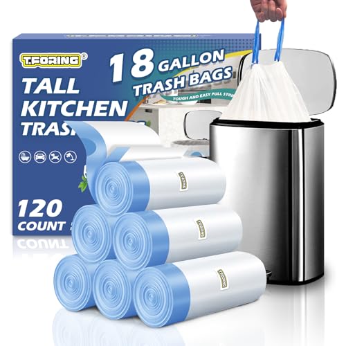18 Gallon Trash Compactor Bags with Drawstring, 1.7 Mil, 120 Count | Tear-Free,Heavy Duty,Leakproof,Strong Tall Kitchen Garbage Can Liners,White,Fit 60 - 70 Liter Waste Bins,for Home Yard Lawn - color: 18gal-120
