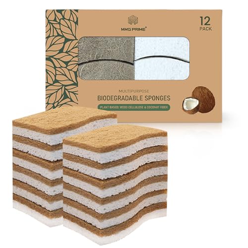 Natural Kitchen Sponge –12-Pack Biodegradable Sponges for Dishes –Compostable Dish Washing Scrubbers – Eco Friendly Non-Scratch Cellulose & Coconut Husk Scrubber Sponges for Cleaning - size: Pack of 12