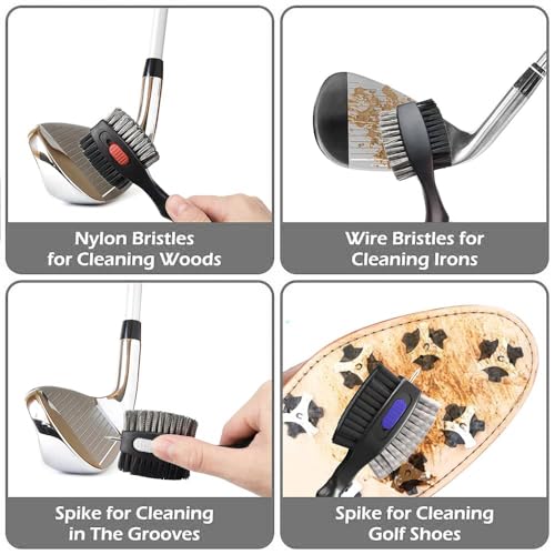 THIODOON 2 Pack Golf Club Brushes and Groove Cleaner 2 ft Retractable Zipline Carabiner Golf Brush Head with Retractable Spike Comfortable Grip Golf Club Cleaner - color: 3pcs White& Red & Blue