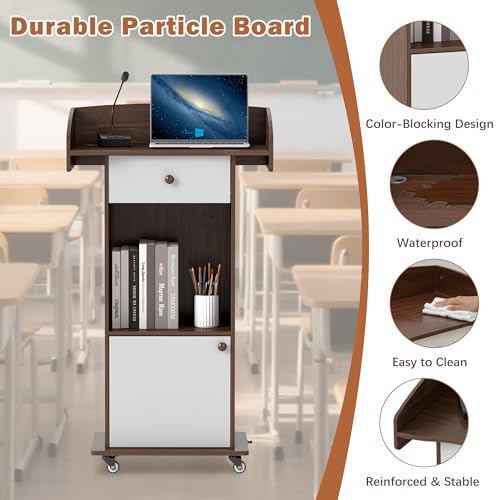 Podium Stand with Metal Wheels Wooden Lectern Podium Stand Portable Pulpit Standing with Storage Mobile Reception Podiums for Church Office School Conference Restaurant Meeting,Brown+Black - color: Brown& White