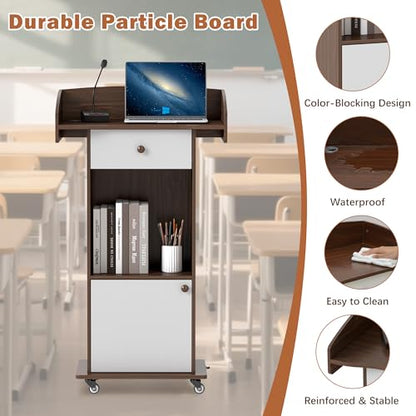 Podium Stand with Metal Wheels Wooden Lectern Podium Stand Portable Pulpit Standing with Storage Mobile Reception Podiums for Church Office School Conference Restaurant Meeting,Brown+Black - color: Brown& White