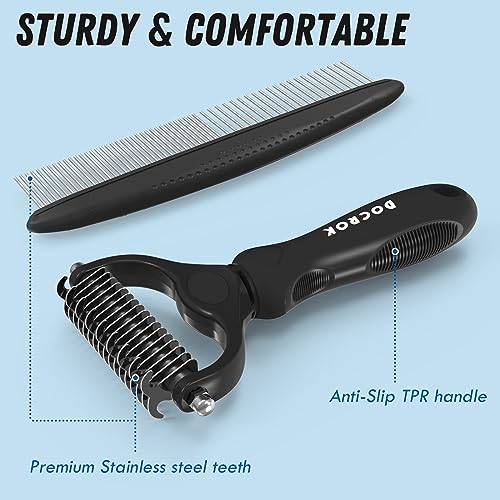 Docrok Pet Grooming Combo: Undercoat Rake, Dematting Deshedding Brush for Long-Haired Dogs and Cats, Black - color: Black