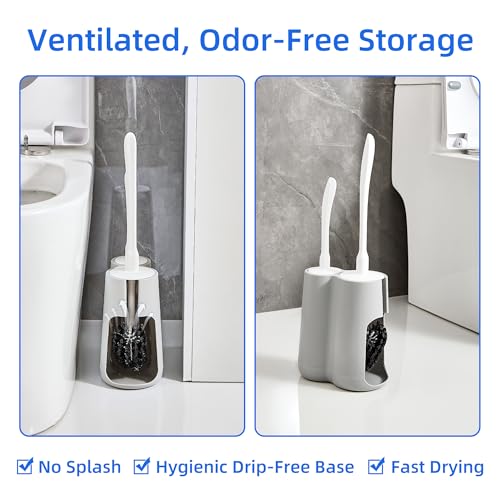 Toilet Brush and Holder Set with Pumice Stone – Long Handle Toilet Bowl Brush, Anti-Splash Scrubber, Ventilated Drip-Free Base, Deep Cleaner for Hard Water Stains, Limescale, Toilet Rings, Grey - color: Gray
