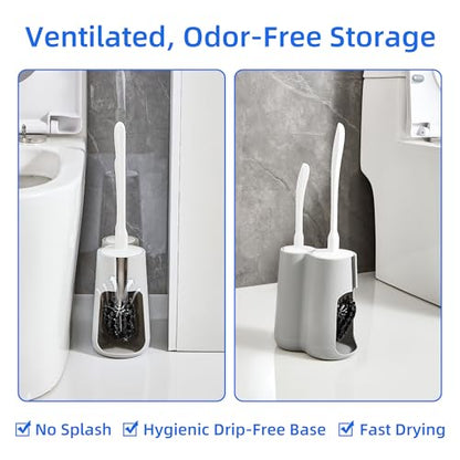 Toilet Brush and Holder Set with Pumice Stone – Long Handle Toilet Bowl Brush, Anti-Splash Scrubber, Ventilated Drip-Free Base, Deep Cleaner for Hard Water Stains, Limescale, Toilet Rings, Grey - color: Gray