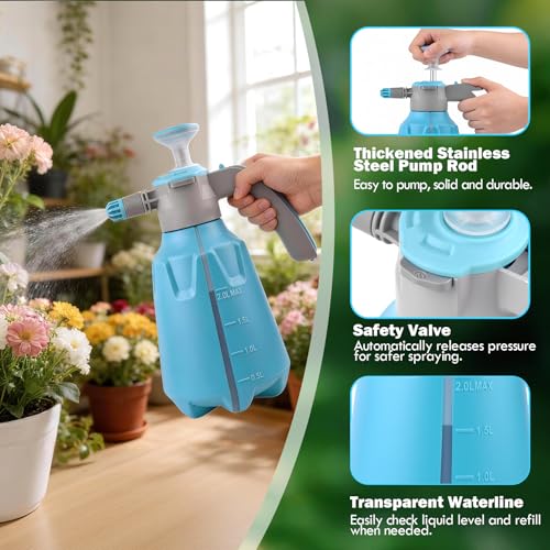 Hand Pump Sprayer 1/2 Gallon, 68 Oz Leak-Proof Water Mister Spray Bottle, 2L Handheld Garden Pressure Sprayer in Lawn and Garden, with Adjustable Nozzle, Extended Spray Rod & Safety Valve