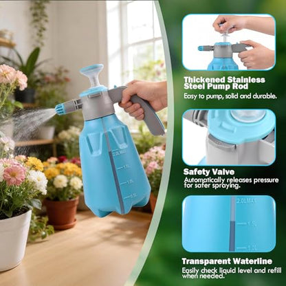 Hand Pump Sprayer 1/2 Gallon, 68 Oz Leak-Proof Water Mister Spray Bottle, 2L Handheld Garden Pressure Sprayer in Lawn and Garden, with Adjustable Nozzle, Extended Spray Rod & Safety Valve