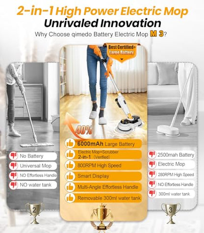 Qimedo Battery Electric Mop, Cordless Electric Scrubber & Mops for Floor Cleaning, Best Automatic Spin Mops with Smart Display,Rotating Mop with LED Light & Water Spray