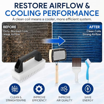 Enhon 4 PCS AC Fin Comb Straightener & AC Coil Cleaner Brush Kit, Double-Sided Coil Brush, Stiff Bristle Cleaner, Straightening Air Conditioner Fins, Condenser, Evaporator, HVAC and Refrigerator Coils