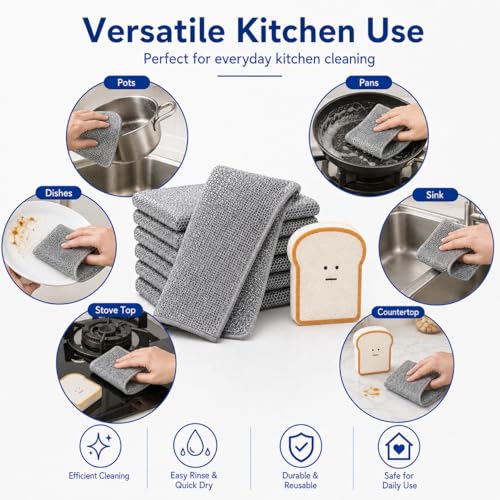 Non Scratch Wire Dishcloths 6 Pack with Kitchen Sponge | 6 wire dishcloths plus 1 sponge for dishes, pots, pans, sinks, stovetops, counters, and daily kitchen cleaning. - color: 6+1 Set