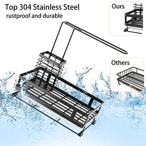 Godboat Kitchen Sink Organizer with Brush Rack - Sink Caddy with Drain-Pan | Stainless Steel Sponge Holder for Kitchen Sink with Towel Rack, Organizer for Dish Soap Dispenser, 10.5"L × 5.9"W × 10.5"H