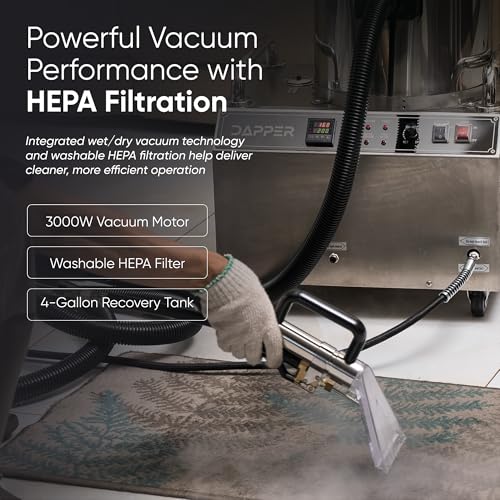 Dapper Supply Commercial Steam Cleaner with Wet/Dry Vacuum, Carpet & Upholstery Extraction, HEPA Filtration, 2 Gal Tank, up to 230°F, for Tile, Grout, Kitchens & Auto Detailing - size: 2.5 Gal