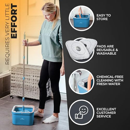 Spin Mop and Bucket Set with Wringer – Dual-Chamber Self Wringing Mop, Flat Microfiber Mop for Hardwood, Tile & Vinyl Floors, 2 Washable Replacement Heads, 63" Handle, Blue - color: Blue