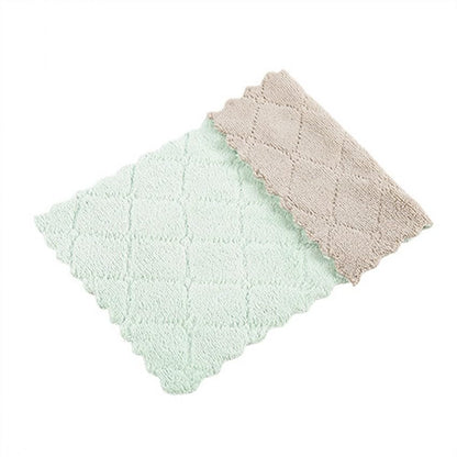 4PCS Double-Layer Microfiber Absorbent Cleaning Cloths Coral Fleece Dishcloths Scouring Rags Reusable Washable Kitchen Towel,Green Grey