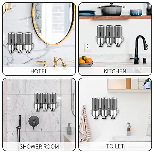 No-Drill 3 Pack 500ml Wall Mounted Soap Dispenser for Bathroom and Kitchen, Shampoo and Conditioner Dispenser Drill Free with Adhesive(Round-Grey) - color: Grey-1