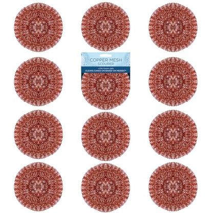 LOLA Copper Mesh Scouring Pad, 18 Grams, 12 Pack, Heavy Duty Cleaning Pads, Copper Coated Knitted Flat Wire Mesh, Recyclable, Cleans Baked On Messes - size: 12 Pack, style: Standard