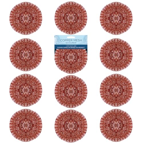 LOLA Copper Mesh Scouring Pad, 18 Grams, 12 Pack, Heavy Duty Cleaning Pads, Copper Coated Knitted Flat Wire Mesh, Recyclable, Cleans Baked On Messes - size: 12 Pack, style: Standard