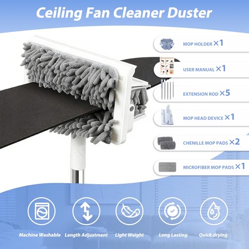 Ceiling Fan Cleaner Duster with 80'' Extendable Long Handle Pole - Microfiber Chenille Pads for Blades, Baseboards, Walls, Floors, Blinds & Cobwebs - Reusable & Washable