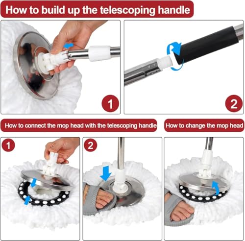 360° Spin Mop Bucket Sets with Wring System in 3 Microfiber Heads, Stainless Steel Basket 61" Extended Handle Floor Cleaning (Black)